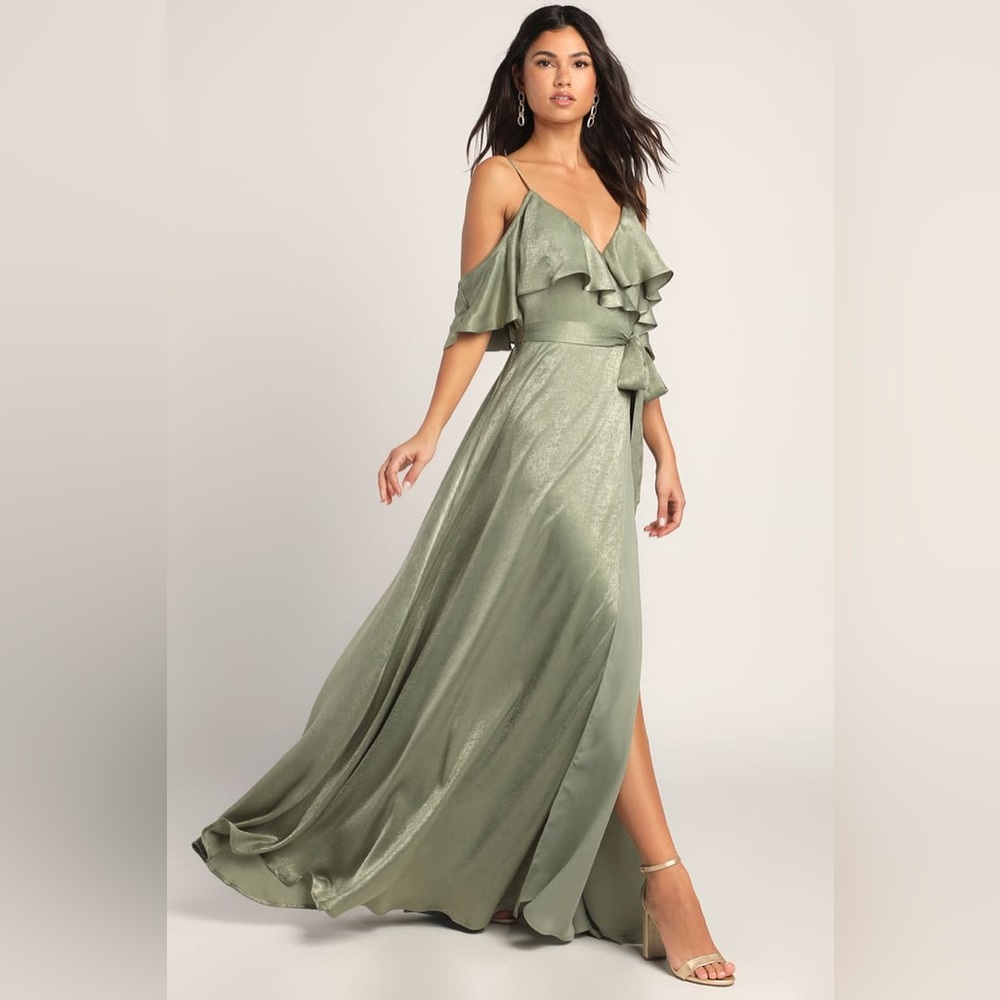 LULU’S Moriah Sage Green Satin Wrap Maxi Dress size Large. Good used condition